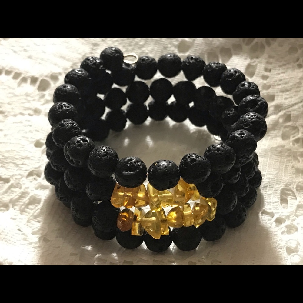 Genuine Amber & Lava Stone Bracelet